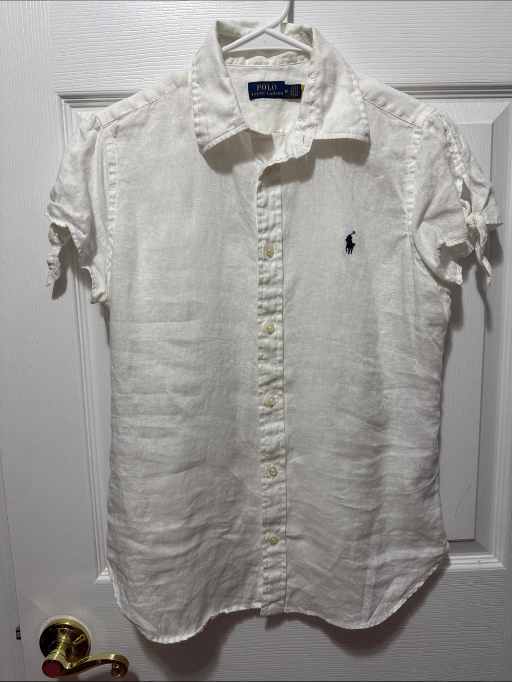 Polo by Ralph Lauren White Short-Sleeve Linen Button-Down Shirt with Navy Pony